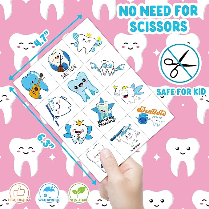 96 PCS Cute First Milk Tooth Dental Dentist Pre-Cut Temporary Tattoos for Kids Birthday Themed Party Supplies Decorations Favors Fairy Teeth Tattoo Stickers Gifts for Baby Girls Boys Rewards