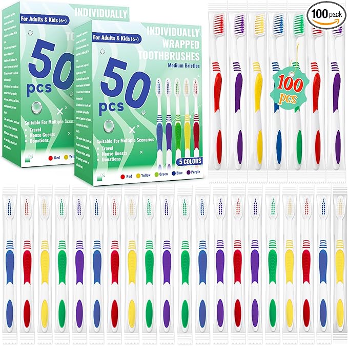 100 Pcs Toothbrush Bulk Disposable, Travel Toothbrushes Pack, Soft Bristle Individually Wrapped and Good Cleaning for Kids, Adult and The Elderly. Suitable for Hotel, Travel, Home, Donated