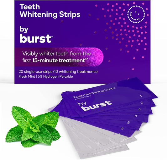 Burst Sensitive Teeth Whitening Strips (Mint) | 20 Strips/10 Treatments – Each with 1 Upper/1 Lower | Visible Results in 15 Minutes | No-Slip Grip | Enamel-Safe Whitening Kit