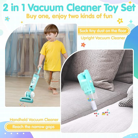Kids Vacuum Cleaner Toy Set for Toddlers - 2PCS Toy Vacuum Sets for Toddlers 3+ Years Old with Sound Effects, Baby Play Vacuum Pretend Role Play Household Housekeeping Toys for Children Boys Girls