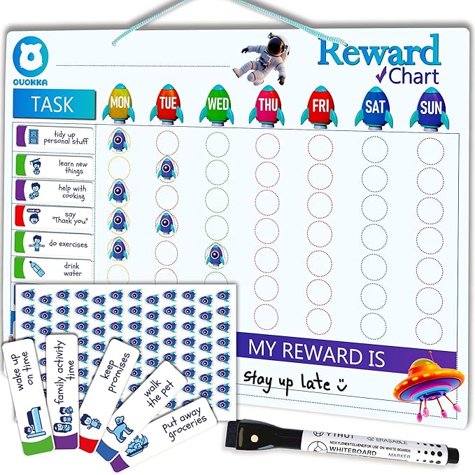 QUOKKA Magnetic Behavior Chore Chart for Kids at Home - Blue Reward Visual Schedule Chart - Dry and Erase Routine and Responsibility - Use 99 Magnets Markers Stickers - from Toddlers to Teens