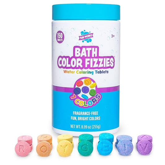 Tub Works Bath Color Tablets for Kids, 150 Count | Nontoxic & Fragrance-Free | Fizzy & Vivid Bath Color Tablets Create Fun Bath Colors | 7 Colored Water Tablets for Variety | BathBombs for Kids Bath