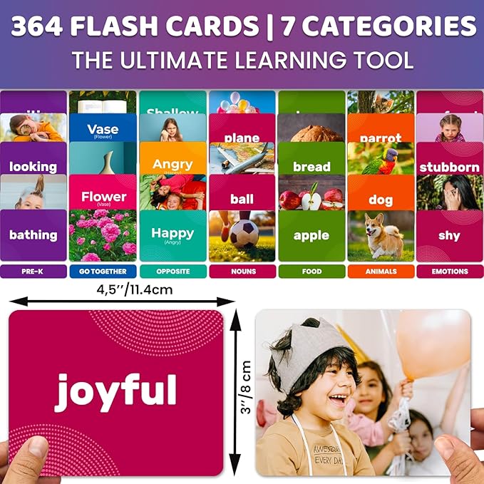 QUOKKA 364 Flash Cards for Kids Adults - Real-Life Large Preschool Flash Cards for Speech Therapy, ABA Therapy, ESL Teaching, Early Childhood Education, 7 Vocabulary Building Categories with Emotions
