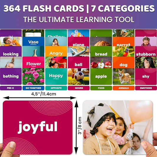 QUOKKA 364 Flash Cards for Kids Adults - Real-Life Large Preschool Flash Cards for Speech Therapy, ABA Therapy, ESL Teaching, Early Childhood Education, 7 Vocabulary Building Categories with Emotions