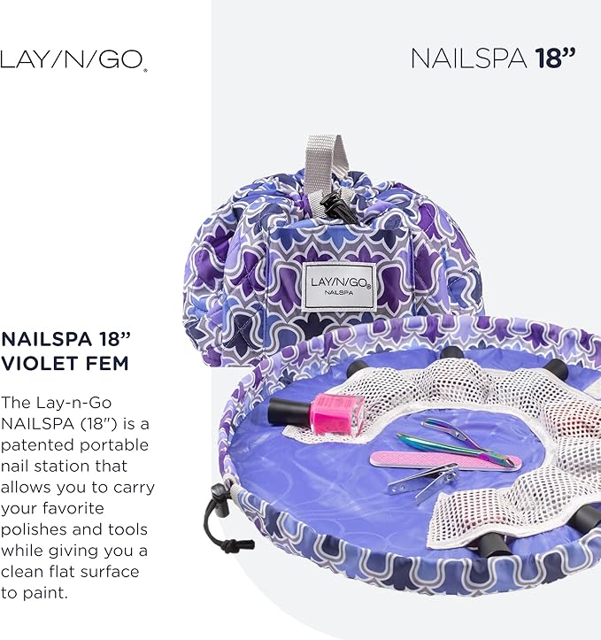 Lay-n-Go NailSpa Drawstring Cosmetic Bag - Portable Nail Supplies Organizer Bag w/ 8 Elastic Mesh Pockets & Circular Center -Durable, Machine Washable Nail Kit Organizer (18", Violet Floral [Purple])