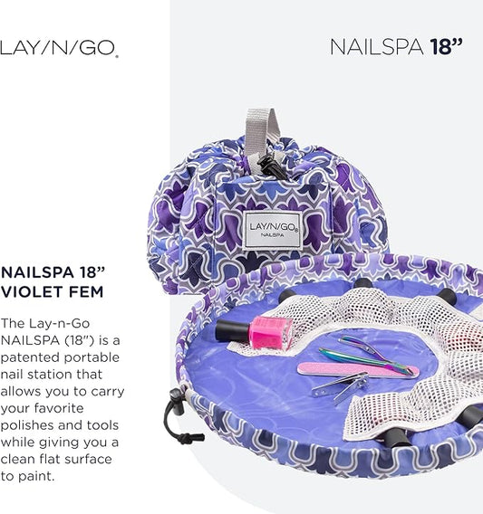 Lay-n-Go NailSpa Drawstring Cosmetic Bag - Portable Nail Supplies Organizer Bag w/ 8 Elastic Mesh Pockets & Circular Center -Durable, Machine Washable Nail Kit Organizer (18", Violet Floral [Purple])