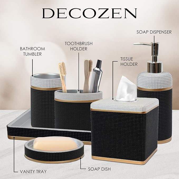 6-Piece Bathroom Accessories Set – Soap Dispenser, Toothbrush Holder, Tumbler, Soap Dish, Cotton Swab Jar & Toilet Brush – Modern Bathroom Decor Set (Seiler)