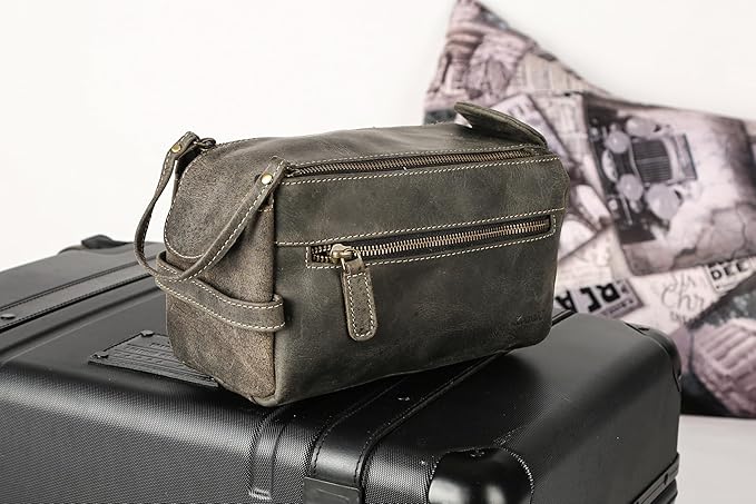 KomalC Premium Buffalo Leather Toiletry Bag for Men & Women – Leather Dopp Kit With Water resistant Lining, Premium Toiletry Travel Pouch, Unisex Wash Bag for Toiletries, Gifts for Men and Women