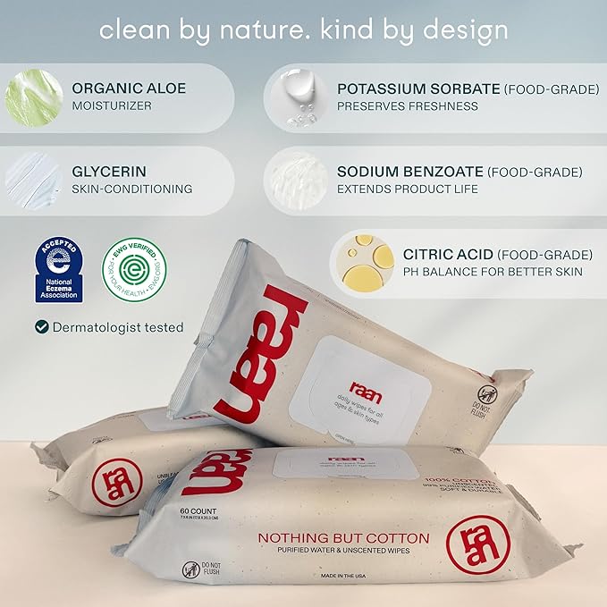 Raan, 100% Cotton Baby & Toddler Wipes, Unbleached, 99% Purified Water, Unscented, EWG verified, Made for Sensitive Skin, Extra Soft and Durable, 12 pack, 720 Count