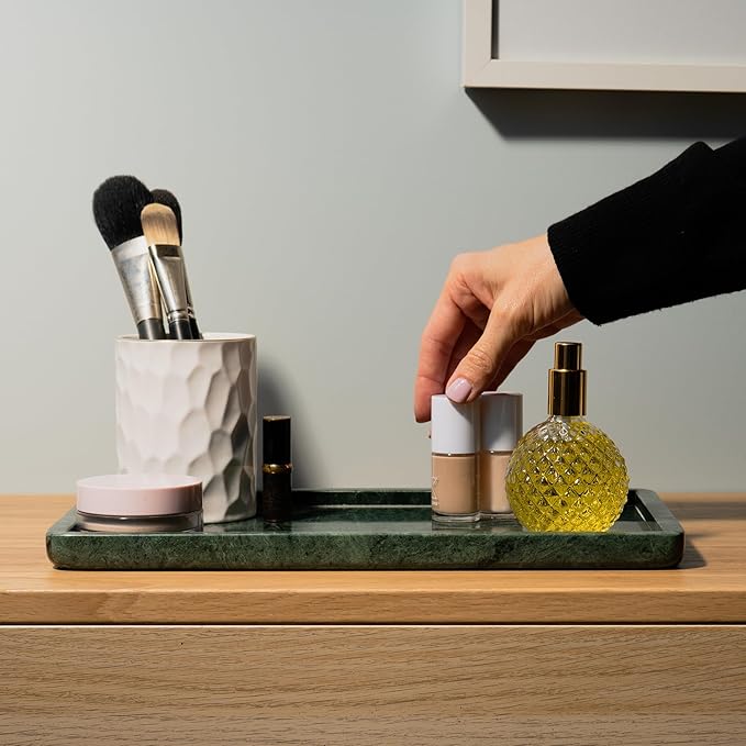 Cork & Mill Green Marble Tray for Bathroom Countertop, Kitchen Counter, or Catchall - 13" x 7½" Large Vanity Tray for Skincare or Perfume - Handcrafted Natural Marble Stone Organizer