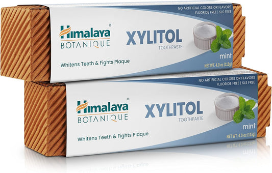 Himalaya Botanique Whitening Antiplaque Toothpaste with Xylitol, Fluoride Free, for Plaque Reduction & Gentle Whitening, 4 oz, 2 Pack
