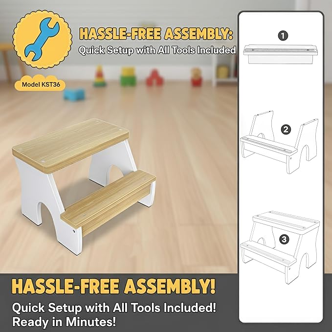 KST36 Wooden Step Stool - 250LBS Load, Non - Slip Water - Resistant Foot Stool for All Ages, Bathroom & Kitchen (White & Natural Wood, Two Step)