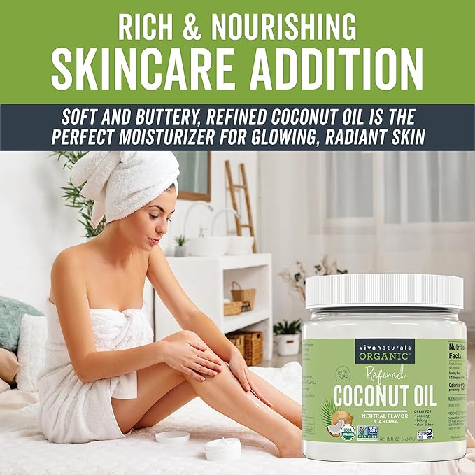 Viva Naturals Refined Coconut Oil, 16 fl oz – Expeller-Pressed, USDA Organic, Neutral Flavor & Aroma, Ideal for Cooking, Baking, Hair & Skin Moisturizer