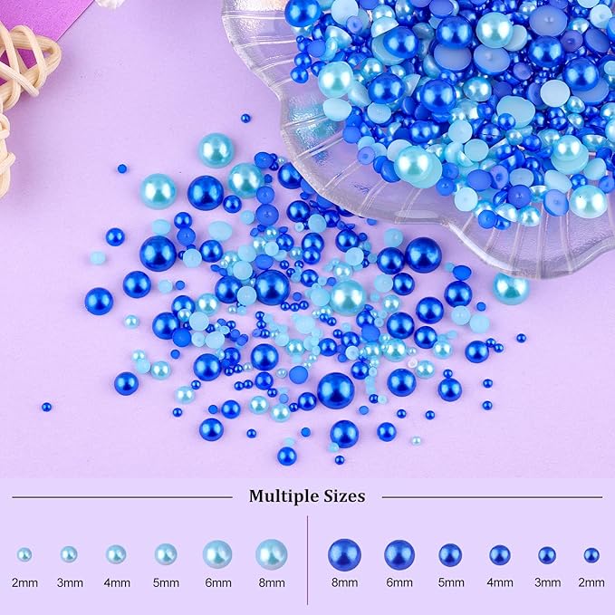 2 Boxes Flat Back Pearls Kit 19 Flatback Blue Series Half Round Pearls 2-8mm with Pickup Pencil and Tweezer for Home DIY and Professional Nail Art, Face Makeup and Craft