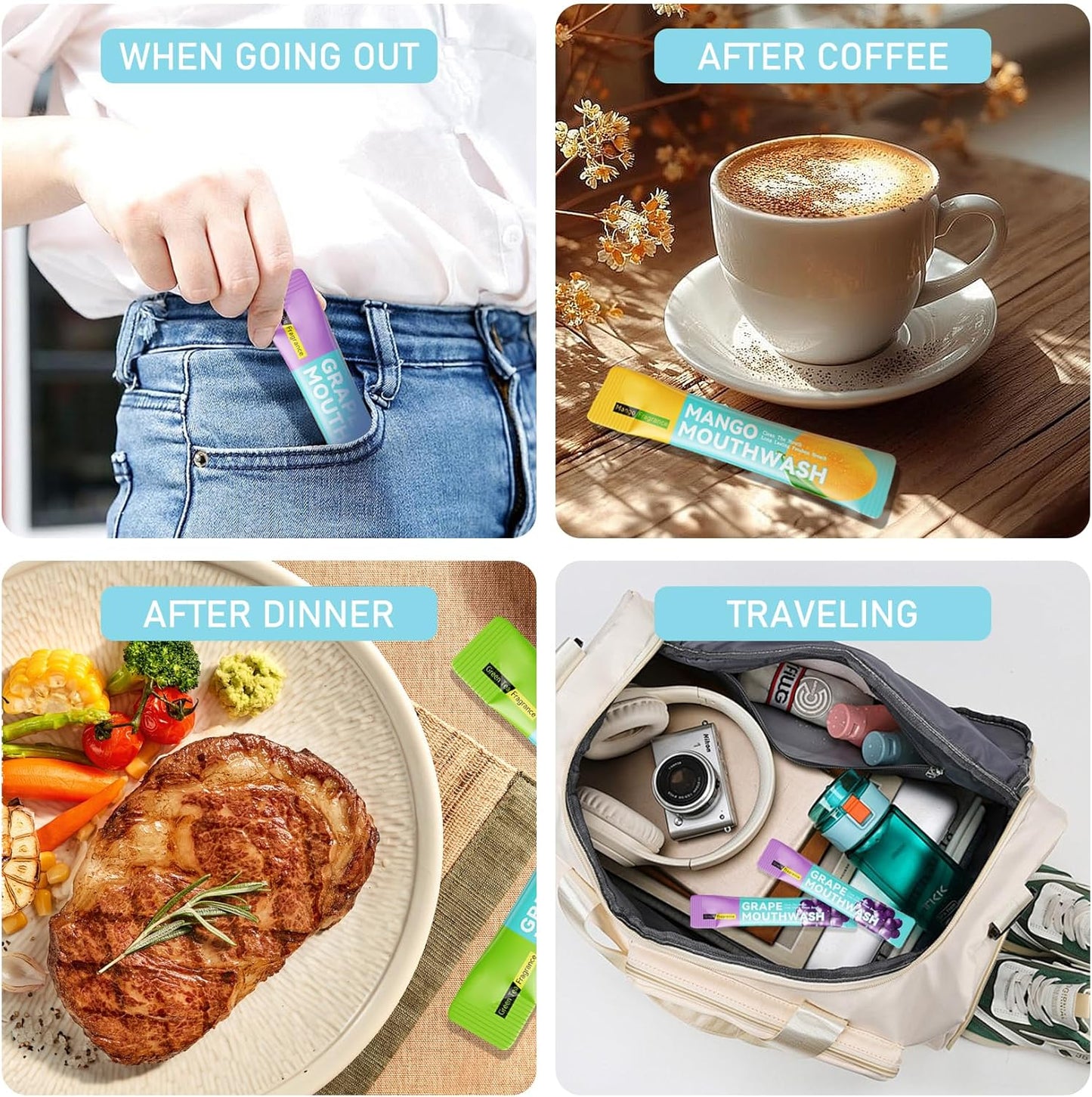 3 Flavors Mini Mouthwash Travel Size, Portable Individual Travel Mouth Wash for Fresh Breath, Refreshing Long Lasting Gentle Oral Care Mouthwash Packs(Pack of 60) Set B