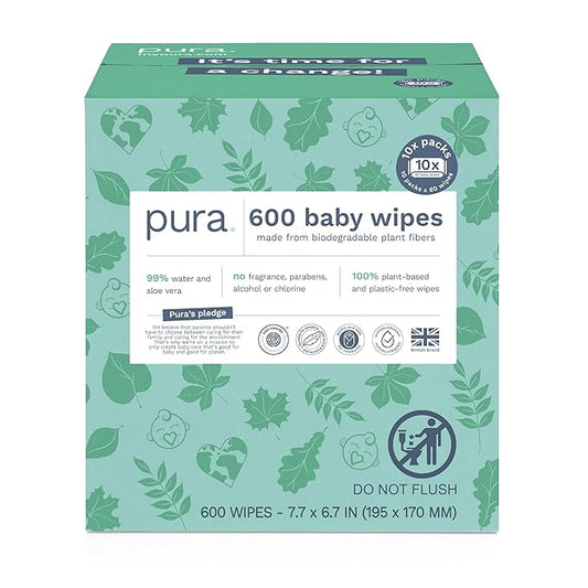 Pura Natural Sensitive Baby Wipes, 99% Water, Unscented & Hypoallergenic, Suitable for Sensitive & Eczema-prone Skin, Hypoallergenic, EWG Verified, 10 Pack of 60 Wet Wipes (600 Diaper Wipes) Bulk Buy