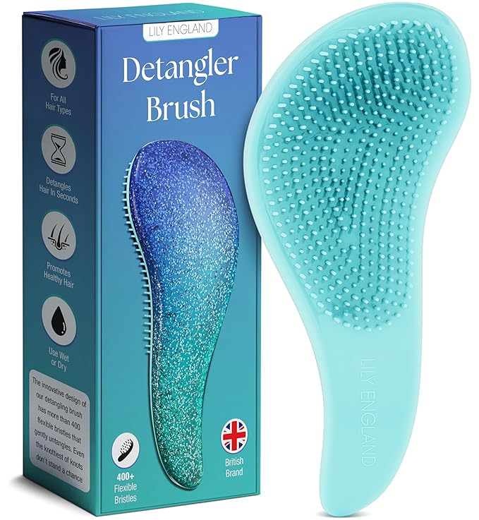 Lily England Detangler Hair Brush for Curly, Thick, Straight & Natural Hair - Gentle Detangling Brush for Women, Kids & Toddlers with Flexible Bristles - Smooth Hairbrush for Wet & Dry Hair, Blue