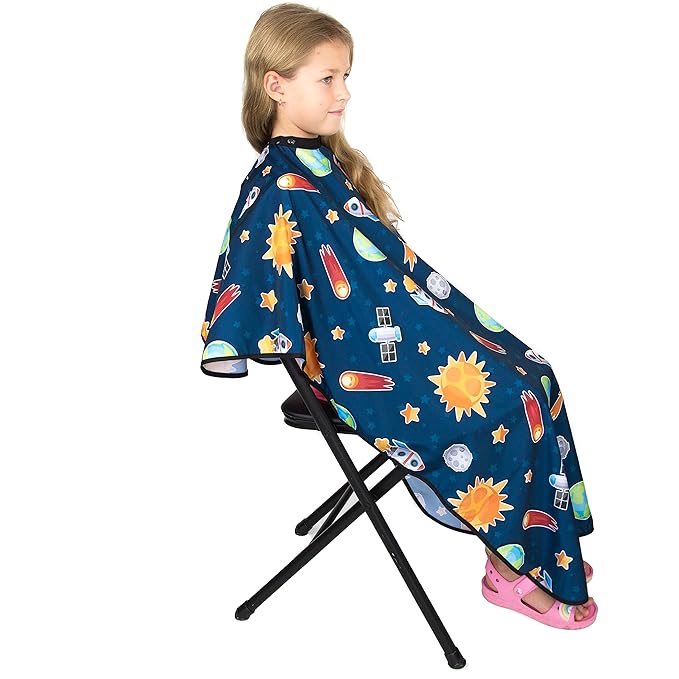Kids Hair Cutting Cape - Outer Space Print, Water-Resistant Salon Cape with Snap Closure - Lightweight Barber Cape for Children’s Haircuts - Fun Kids Hairdresser Cape for Salon or Home Use