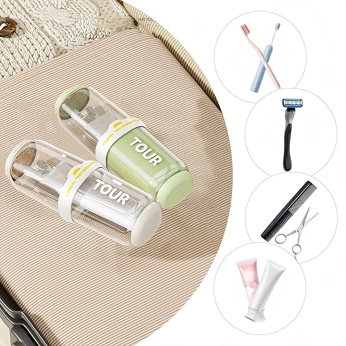 Toothbrush Travel Case, 2 pack Portable Tooth Brush and Toothpaste Holder Rinse Cup Cover Container Compact Oral Clean Tools Organizer for Camping Traveling Home School Business(White + Green)