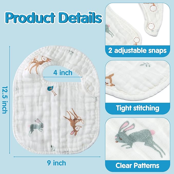 Zainpe 6Pcs Snap Muslin Cotton Baby Bibs Owl Fox Leaf Bear Bib with 6 Absorbent & Soft Layers Machine Washable Adjustable Burp Cloth for Infant Girl Boy Toddler Drooling Eating Teething 0 to 24 Months
