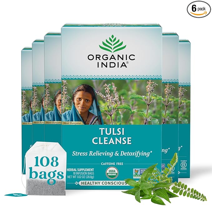 Organic India Tulsi Cleanse Detox Tea - Holy Basil, Ginger, Turmeric, Herbal Tea, Stress Relieving & Cleansing, Immune Support, Adaptogen, Organic, Non-GMO, Caffeine-Free - 18 Infusion Bags, 6 Pack