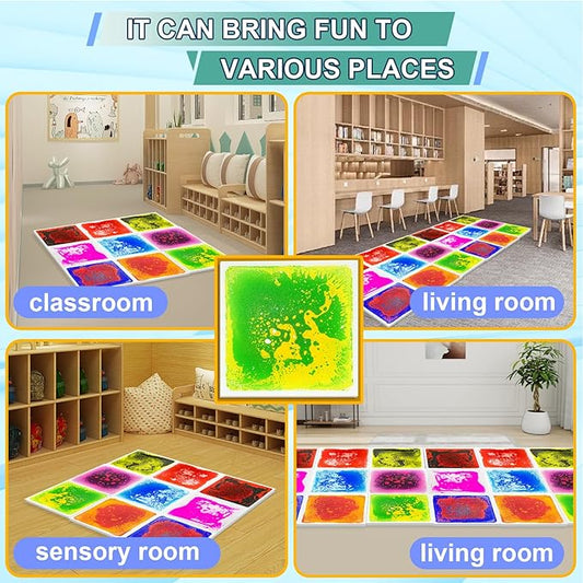Liquid Sensory Tiles Floor Pads - 9 PCS Square Sensory Floor Mats for Kids Over Three Years Old