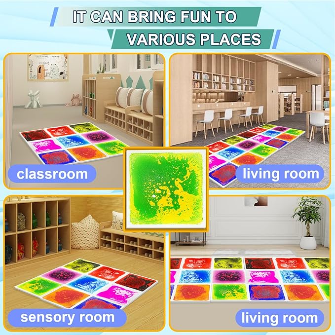 Liquid Sensory Tiles Floor Pads - 6PCS Square Sensory Floor Mats for Kids with Autism