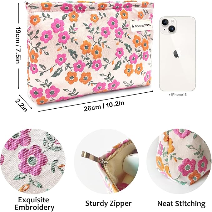 STARDW Aesthetic Floral Makeup Bag Cute Small Cosmetic Bags for Women Girls, Travel Toiletry Bag Large Capacity Zipper Makeup Pouch, Purse Organizer Pouches (Pink Flowers)