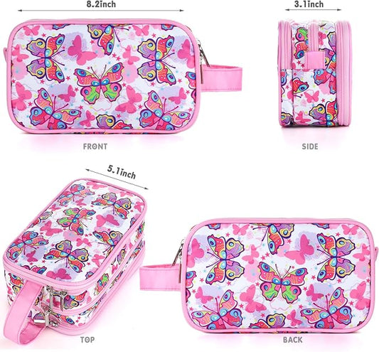 Kids Toiletry Bag for Girls, Travel Toiletry Bag for Little Young Girls Cosmetic Bag Makeup Bag Waterproof Hanging Wash Bag Toddler Toiletries, Butterfly Pink