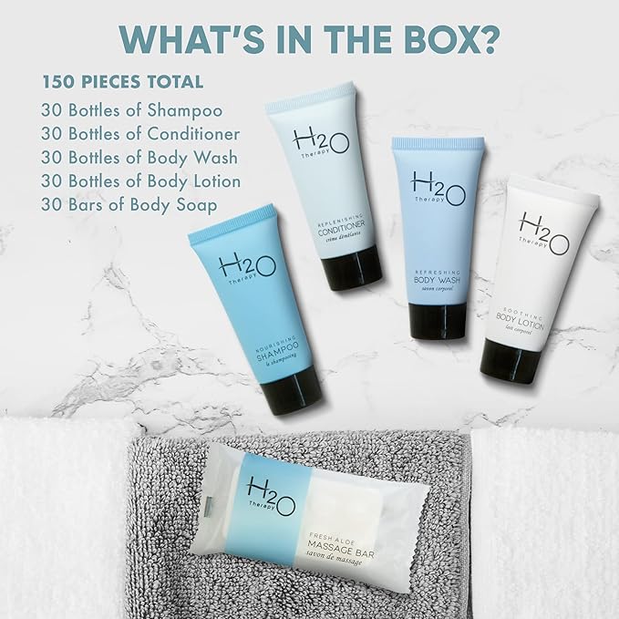 H2O Therapy Hotel Soaps & Toiletries Bulk Set | 1-Shoppe Amenities Kit | 0.85oz Shampoo & Conditioner, Body Wash, Lotion, 1oz Bar Soap | Travel Size | 150 Pieces