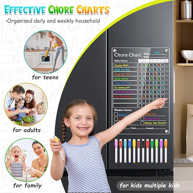 Acrylic Magnetic Chore Chart for Kids,Chores Chart for Fridge Refrigerator,Dry Erase Behavior Chore Chart for Multiple Kids,Reward Chart for Multiple Kids Teens Adults Family,8"x12" (White-2 Pack)