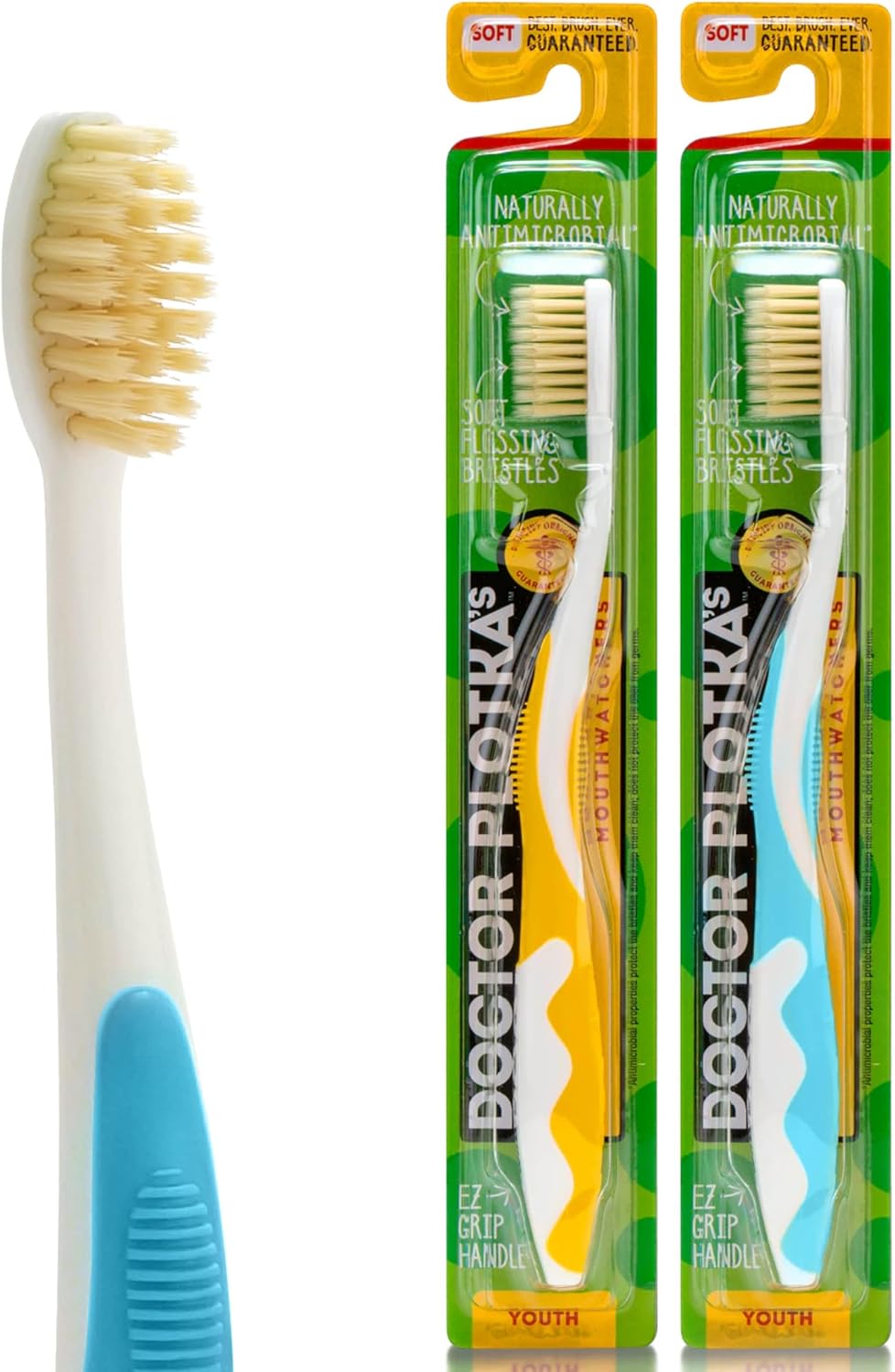 MOUTHWATCHERS Soft Childrens Flossing Manual Toothbrush, Set of 2, Yellow and Blue, Toothbrushes for Kids & Teens, Ultra Clean, by Dr. Plotka's