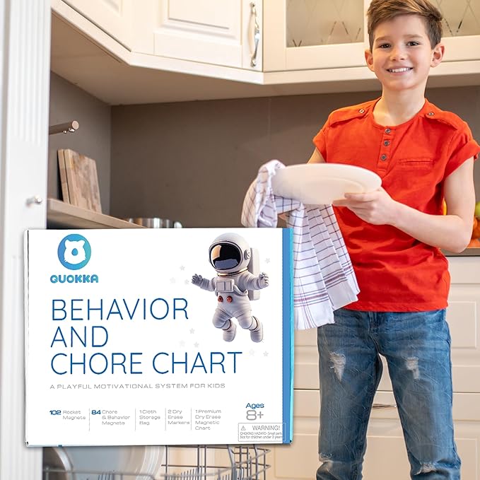 QUOKKA Magnetic Behavior Chore Chart for Kids at Home - Blue Reward Visual Schedule Chart - Dry and Erase Routine and Responsibility - Use 99 Magnets Markers Stickers - from Toddlers to Teens