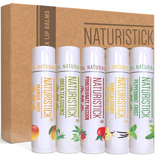 Naturistick Premium Beeswax Lip Balm for Dry, Chapped Lips | 100% Natural Lip Care | Coconut Oil, Shea Butter, Aloe Vera | Moisturizing Chapstick | Chemical-Free | 5 Pack Assorted Scents | Made in USA