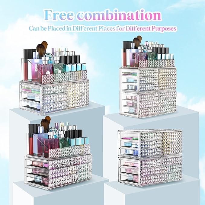 3 Pack Makeup Organizer Stackable[Upgraded], Acrylic Cosmetics Storage Cases with 8 Drawers Perfume Organizers For Brush Holder or Jewelry Display,Plus Size,Best For Vanity,Bathroom or Countertop