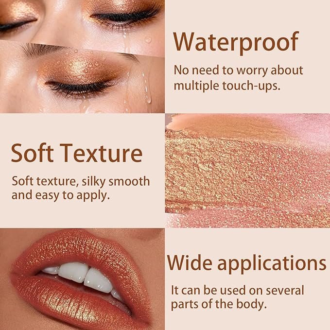 Peach Gold Glitter Cream Shimmer Eyeshadow Sticks, Multichrome Matte Eye Shadow Stick, Waterproof and Long-Lasting Smooth Cream Eye Highlighter Stick Makeup for Women, 2 Mermaid Tears