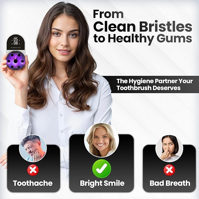 UV Toothbrush Sanitizer Holder & Cleaner with Led Clock Display, Hands-Free Wave Sensing & Dual Toothbrush Storage - Wall Mounted UV Tooth Brush Sanitizer Holder for Bathroom Decor, Fits All Brushes