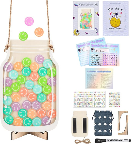 Magnetic Reward Jar, DIY Smiley Faces Jar Set for Kids Potty Training Acrylic Reward Jar System for Classroom Board Behavior Management Home Chore Chart, with Colorful Letter Stickers (42PCS Tokens)