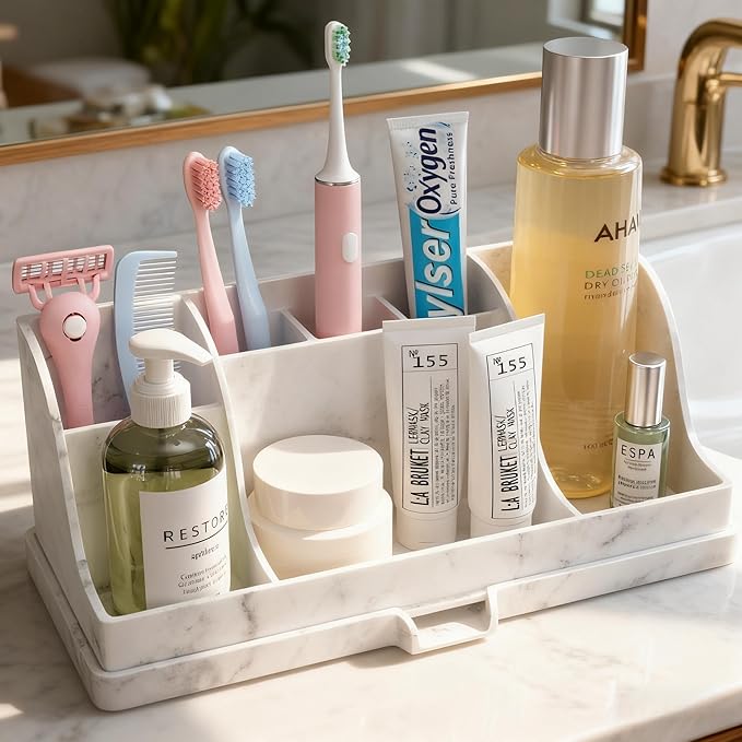 Large Size Silicone Tooth Brush Holder for Bathroom with Drainage, White Marble Toothbrush Holders, Easy Clean Bathroom Countertop Organizer Detachable Makeup Organizer for Vanity