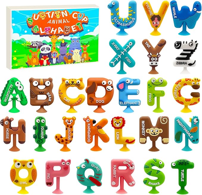 Bath Alphabet Letters,ABC Bath Toys,Alphabet Games,26 Cute Animals Silicone Bathtub Letters with Suction Cup,ABC Learning Toys for Kids Ages 3-5