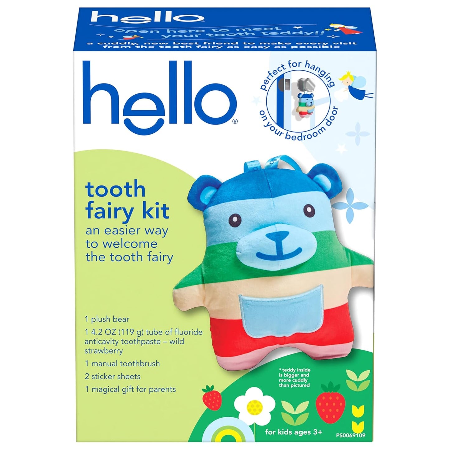 hello Tooth Fairy Kit with Tooth Fairy Door Hanger and Teddy Bear, Includes Full Size Fluoride Kids Strawberry Toothpaste and Kids Toothbrush, for Children Ages 3 and Up