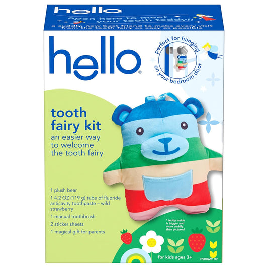 hello Tooth Fairy Kit with Tooth Fairy Door Hanger and Teddy Bear, Includes Full Size Fluoride Kids Strawberry Toothpaste and Kids Toothbrush, for Children Ages 3 and Up