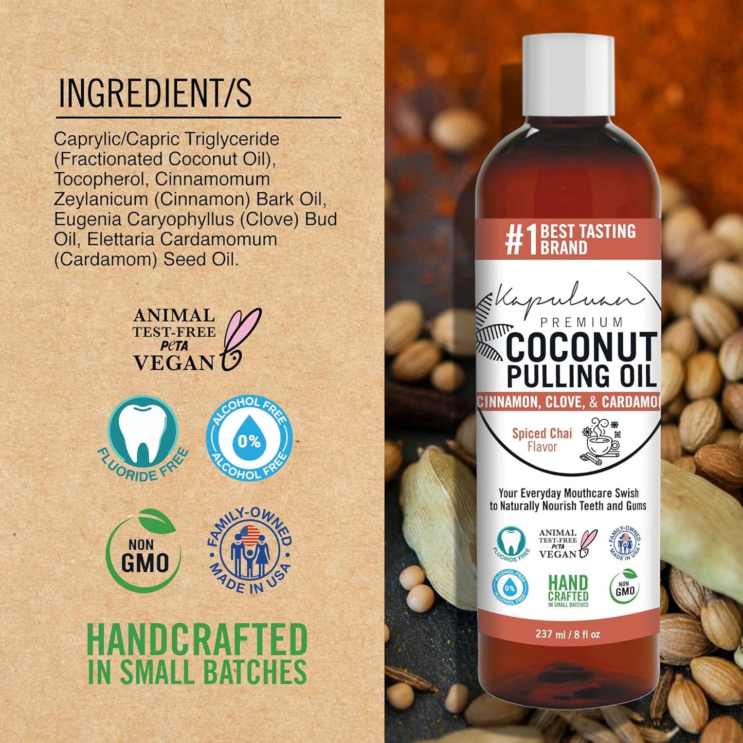 Kapuluan Coconut Oil Pulling for Teeth and Gums Mouthwash, 100% Pure and Natural, Non-GMO, Ayurvedic – Refreshing Spiced Chai Essential Oils