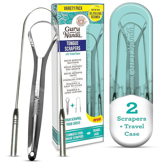 GuruNanda Spoon & U-Shaped Tongue Scraper Variety Pack (2 Pack) with Travel Case, 420 Medical Grade Stainless Steel, Promotes Fresh Breath & Oral Care