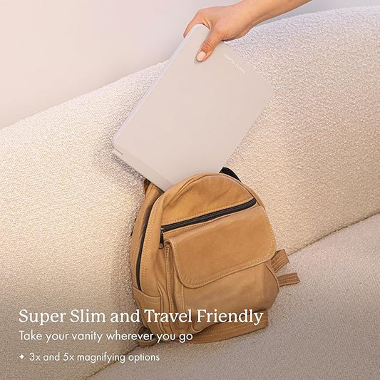 Vanity Planet Handheld Makeup Mirror with Lights, Pose 2.0 (Grey) - Light Up Travel LED Mirror with 3X & 5X Magnification - Dimmable Lighting & Micro-USB Rechargeable Lighted Compact Mirror