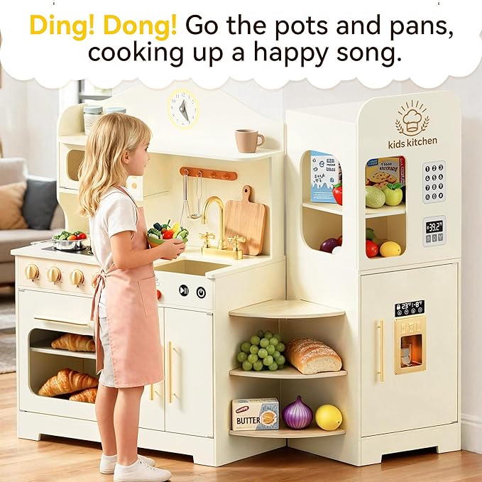 Play Kitchen for Kids with Rotating Design, Wooden Kids Kitchen Playset with Ice Maker, Toy Kitchen Set for Toddlers Girls Boys with Sink, Stove, Oven, Fridge, Microwave, Pearl White