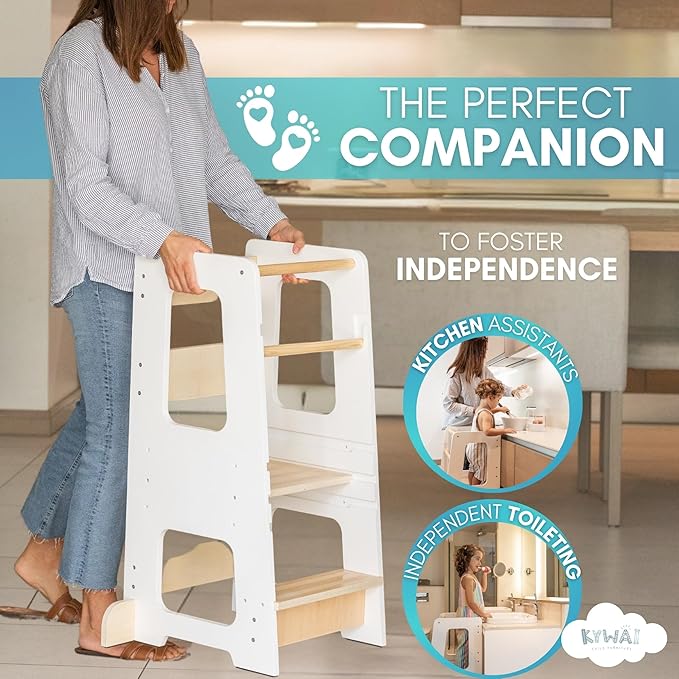 KYWAI® Toddler Kitchen Stool Helper, Adjustable Standing Tower with Safety Rails, Anti-Tip Design & Non-Slip Stickers, Sustainable Product with Extra Memory Game Made from Leftover Wood (White)