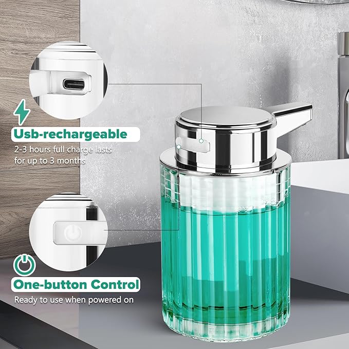 Automatic Soap Dispenser Foam for Bathroom: 8 OZ Glass Touchless Clear Auto Foaming Soap Dispenser for Kitchen - Hand Dish Lotion Home Countertop Kids - Family Couple