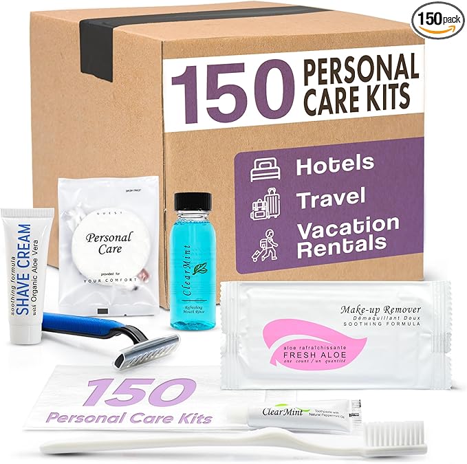 Personal Care Travel Toiletries | 1-Shoppe Amenities Kit | Travel Shaving Set, Toothbrush & Paste, Mouthwash, Makeup Wipes, Swabs, Nail File & Sewing Kit | 150 Pieces