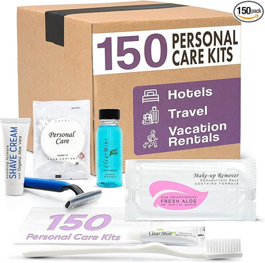 Personal Care Travel Toiletries | 1-Shoppe Amenities Kit | Travel Shaving Set, Toothbrush & Paste, Mouthwash, Makeup Wipes, Swabs, Nail File & Sewing Kit | 150 Pieces